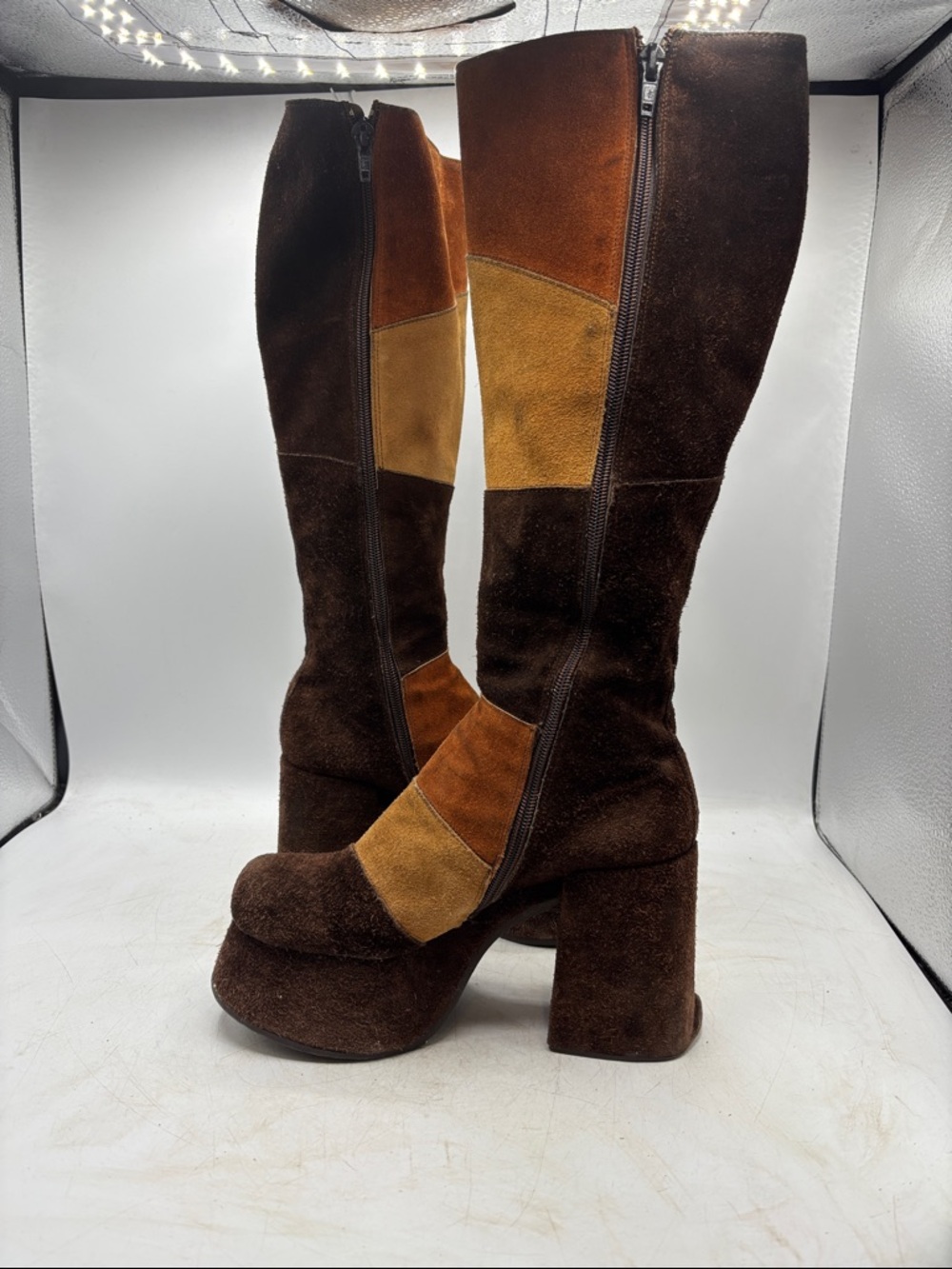 Vintage Brown Patchwork Suede Knee-High Platform Boots 7 37 - Picture 4 of 8